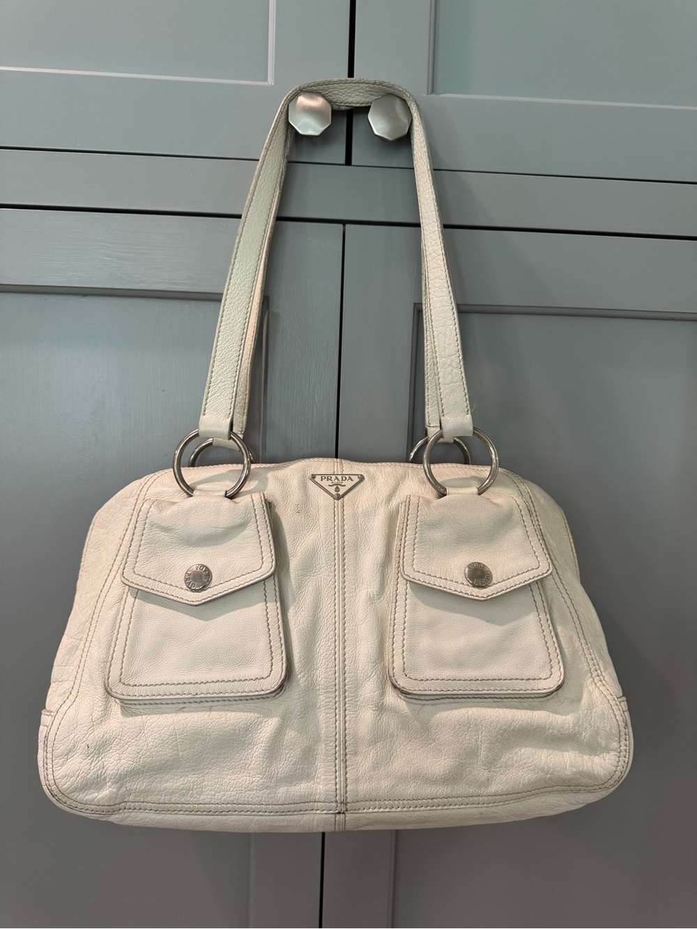 Prada Vintage Cream Leather Double-Pocket Shoulder Bag